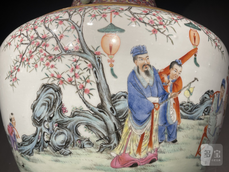 清光绪 洋彩宝相花桃村夜宴图双龙耳大尊 - 图6